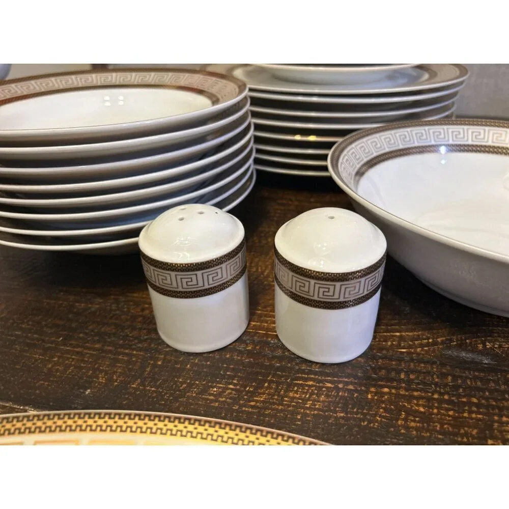 28 Piece Vintage Chattanooga Dining Set with Gold Greek Key Accents